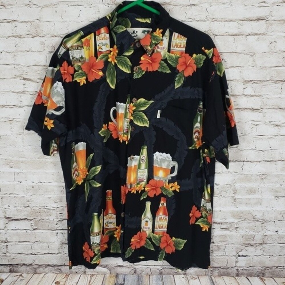 Koko Island Mens Short Sleeve Full Button Beer Mug Hawaiian shirts Sz L